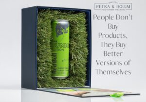 Energy drink in grass-lined presentation box.