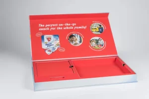 Snack package with promotional text inside lid.