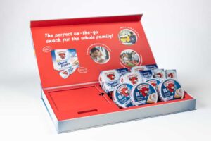 Cheese snack package with promotional display box.