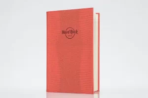 Red Hard Rock Cafe menu standing upright.