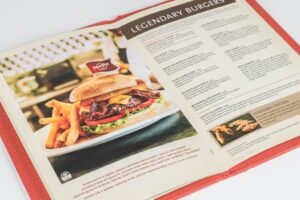 Menu page featuring burger and fries.