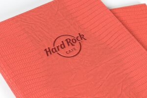 Red Hard Rock Cafe napkin close-up.