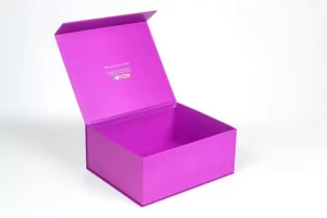 Purple open gift box on white background.