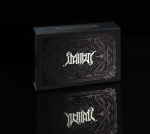 Ornate black box with intricate white text.