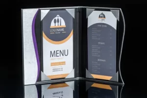 Restaurant menu in a stylish holder.