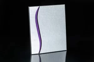 Silver book with purple wavy design.