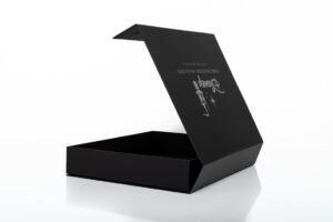 Black gift box with open lid.