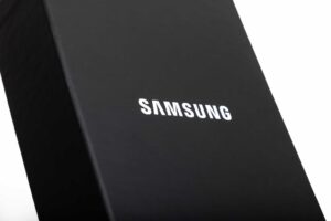 Black Samsung box with white logo.