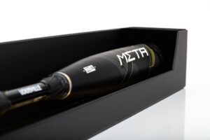 Black baseball bat in a box.