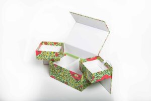 Decorative, open box with floral pattern.
