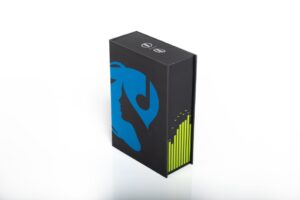 Black box with blue and yellow design.