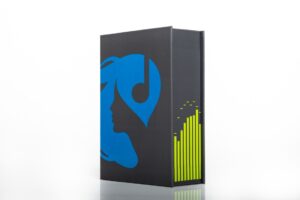 Black box with blue profile and music.