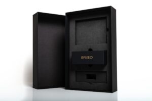 Black Brizo packaging box with compartments.