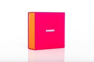 Pink and orange Dunkin' donut box.
