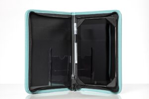 Open turquoise tablet case with pen holder.