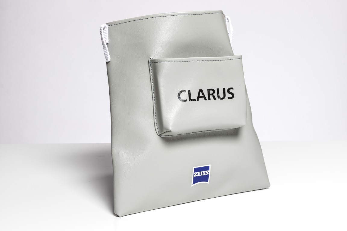 Gray bag with "CLARUS" and logo.