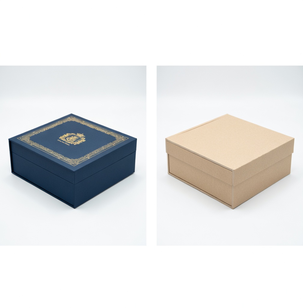 Custom packaging designs reflecting different brand identities – luxury vs minimalist styles by Petra and Holum Chicago