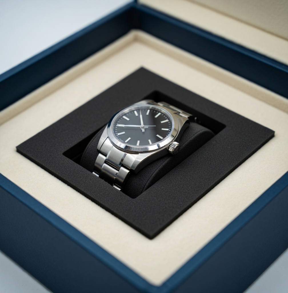Custom die-cut foam insert inside rigid box for product protection – Petra and Holum Chicago