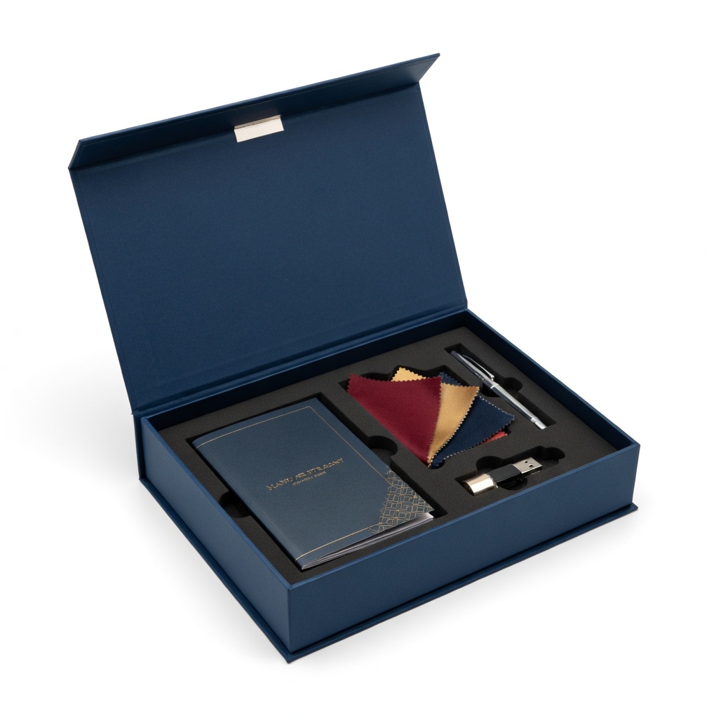 Custom press kit in rigid magnetic box with foam inserts – premium event packaging by Petra and Holum Chicago