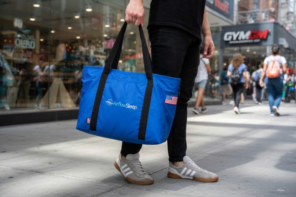 Branded reusable fabric tote bag used in public – promotional sewn packaging by Petra and Holum Chicago