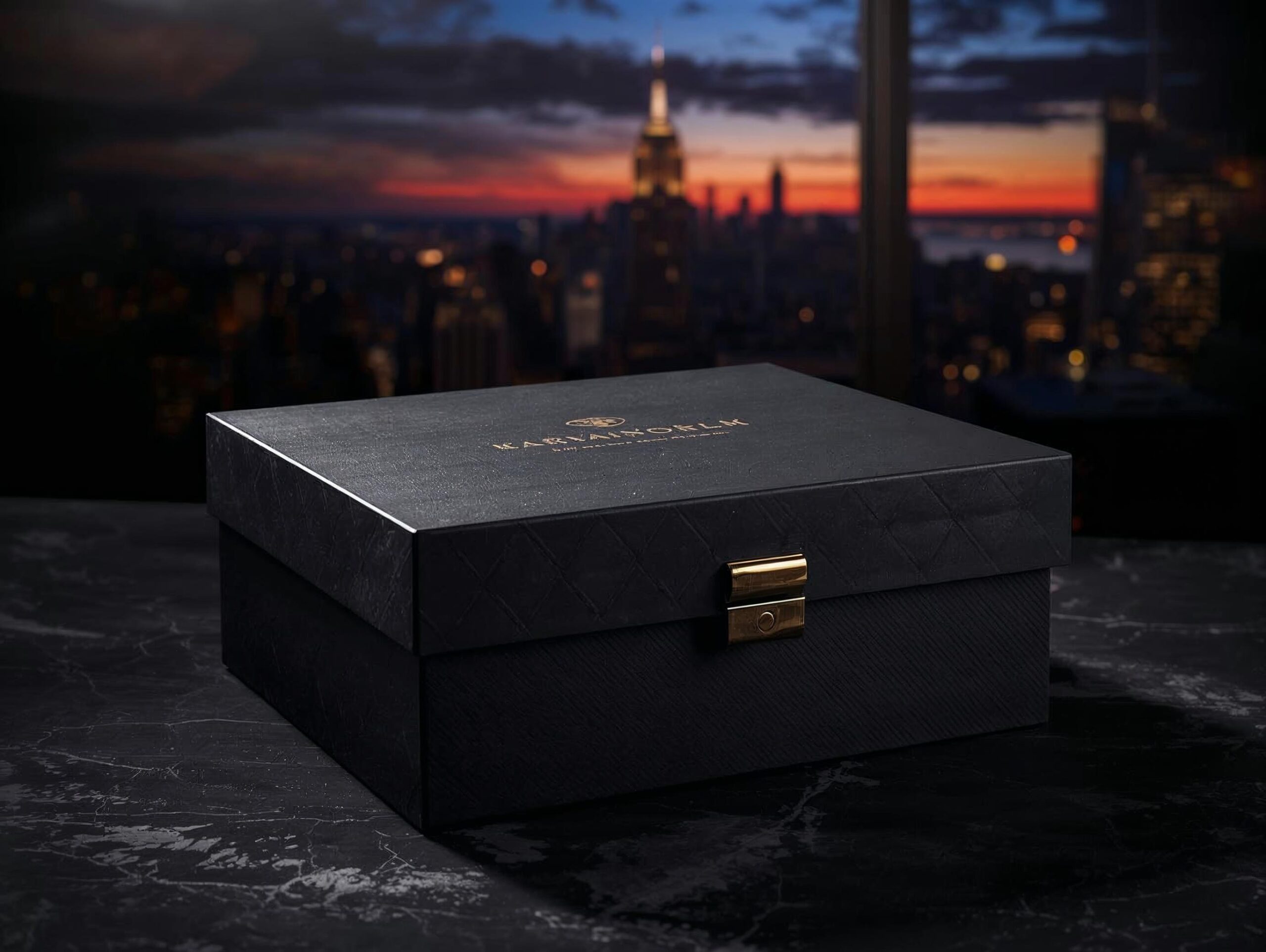 A high-resolution, _moody_ shot of a premium black magnetic-closure box with foil stamping. Ideally, the background should look like a modern creative studio or have a subtle NYC skyline vibe.