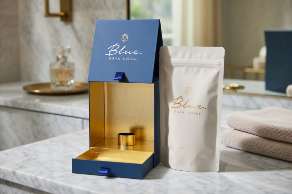 Hybrid sustainable packaging – rigid box with flexible refill pouch by Petra and Holum Chicago