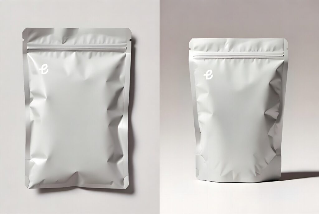 Close-up of a modern mono-material flexible pouch (all-PE) with clear printing, shown flat and then filled/standing, highlighting the clean, premium look and resealable zipper.