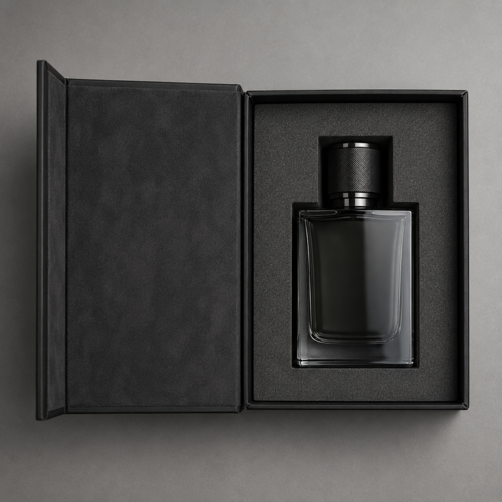 Luxury perfume presentation in black box