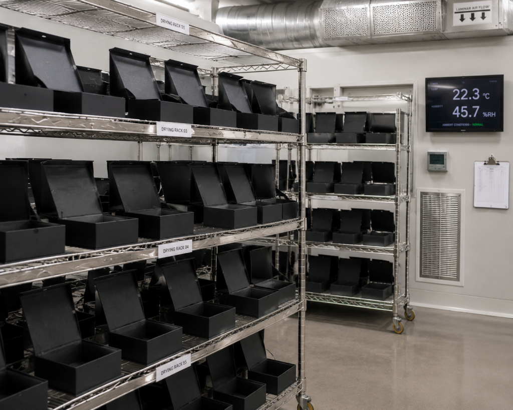Sterile industrial storage room with racks