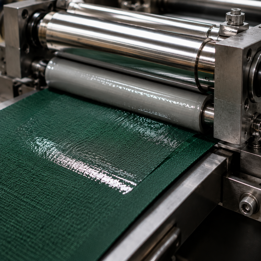 Industrial rollers applying coating to fabric